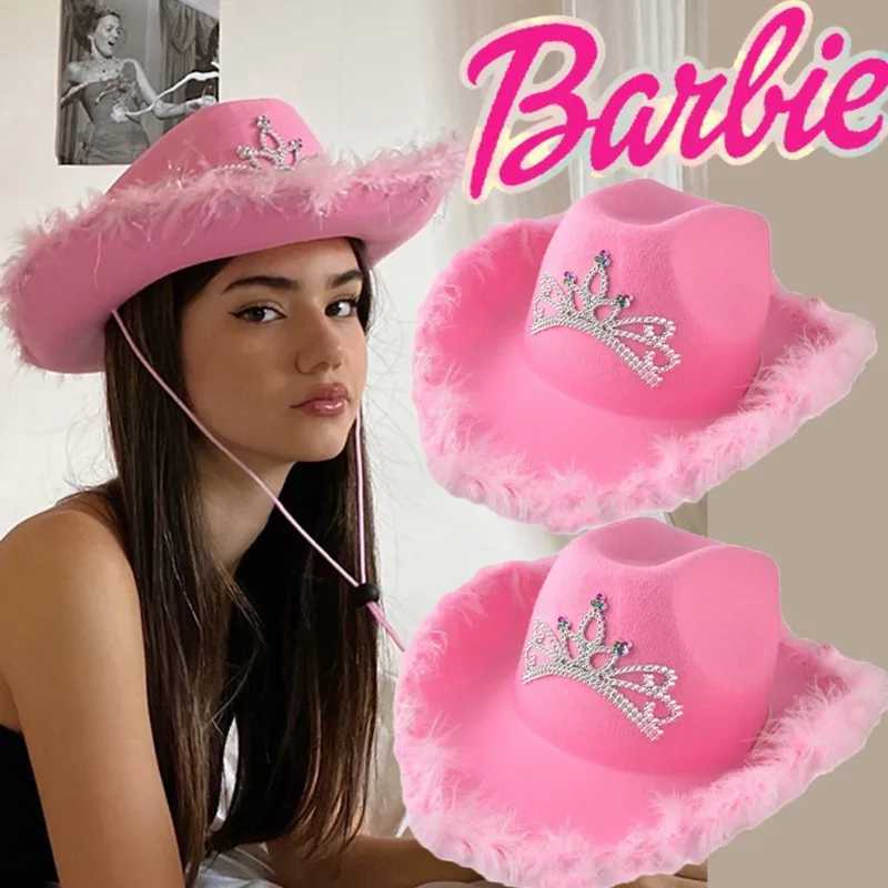 Pink womens denim hat wide brown western hat Y2K sparkling crown sequin feather Cs denim party costume set W241225