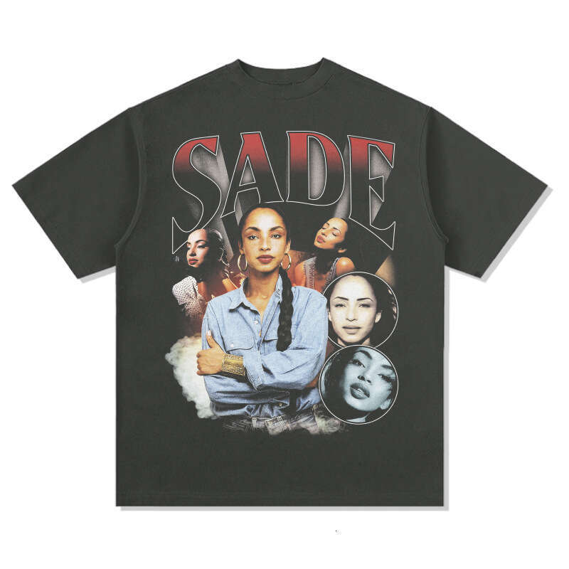 Hip Hop Sade Printed Short Sleeve T-shirt Made of Pure Cotton Loose Vintage Round Neck with Small Neckline