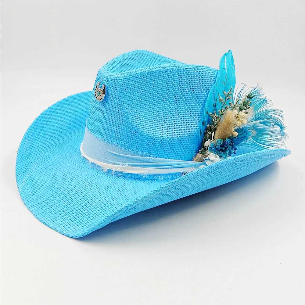 Cowboy hat summer Str hat unisex denim hat blue painted jazz denim hat wide brown party denim hat W241225