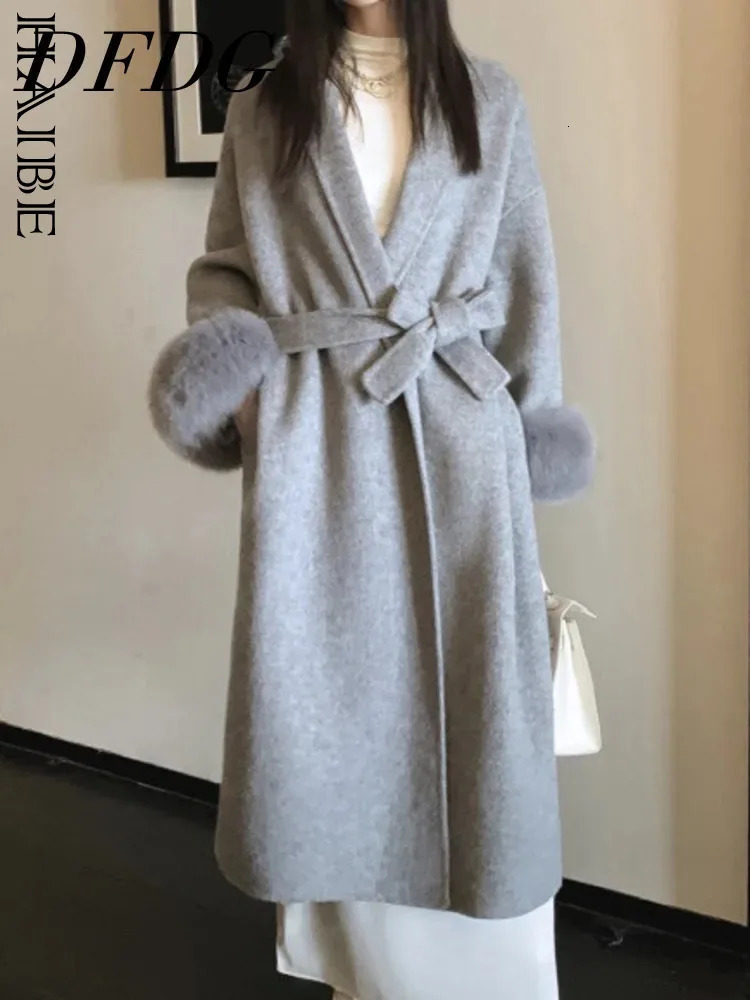 DFDG Fashionable Minimalist Lace Up 2024 Autumn And Winter Item Cloak Style Cashmere Woolen Coat Jacket For Women 241225