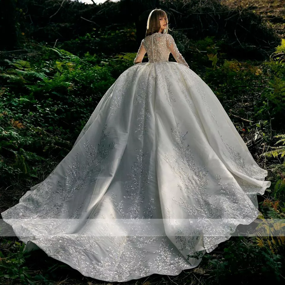Crystals Appliques Long Sleeves Wedding Dresses A Line Sexy Ball Gowns Bride Gowns Elegant Formal Beach Bridal Party Woman's Vestidos