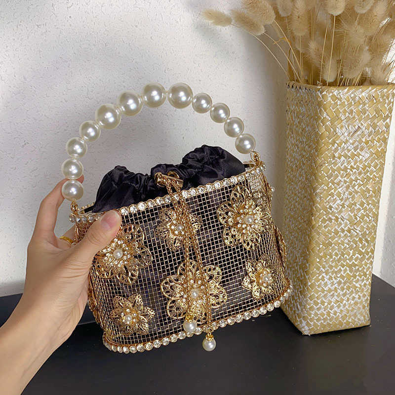 Evening Bags Heavy Industry Metal Sunflower Pearl Vegetable Basket Birdcage Bucket Bag Banquet Handheld Crossbody Tote 241226