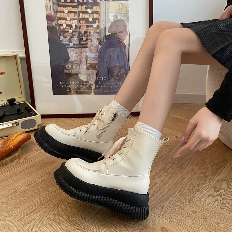 Shoes Female Ankle Womens Boots Winter Modern Boots Women Sewing Side Zip Round Toe Lace-up Platform Flat with Shoes Women 241226