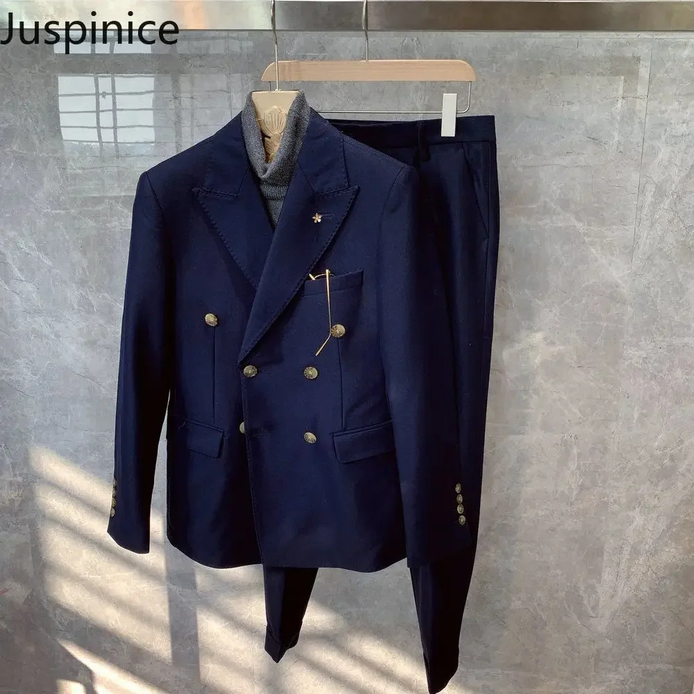 Autumn British Style Retro Solid Slim Double Breasted Suit Blazers Trousers Set Mens Loose Business Casual Jacket Pants 241223