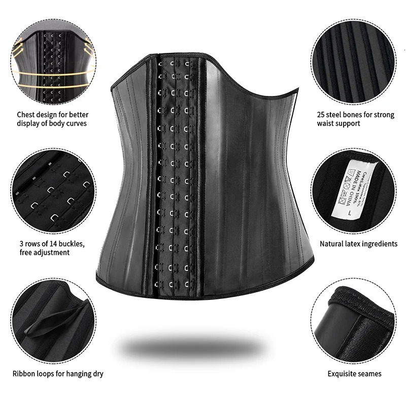 25 Steel Bones Latex Waist Trainer Corset Shapewear Slimming Belly Women Body Shaper Modeling Strap Reductive Girdle 241225