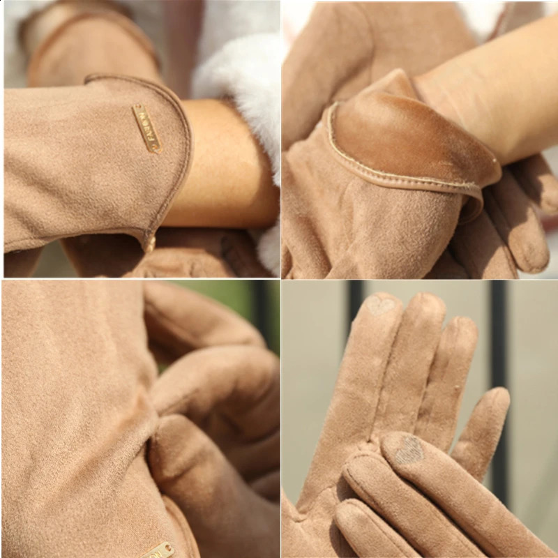 Womans Winter Warm Suede Leather Touch Screen Driving Gloves Mans Cold Plus Velvet Thick Fingerless Flip Cycling Mittens 241226