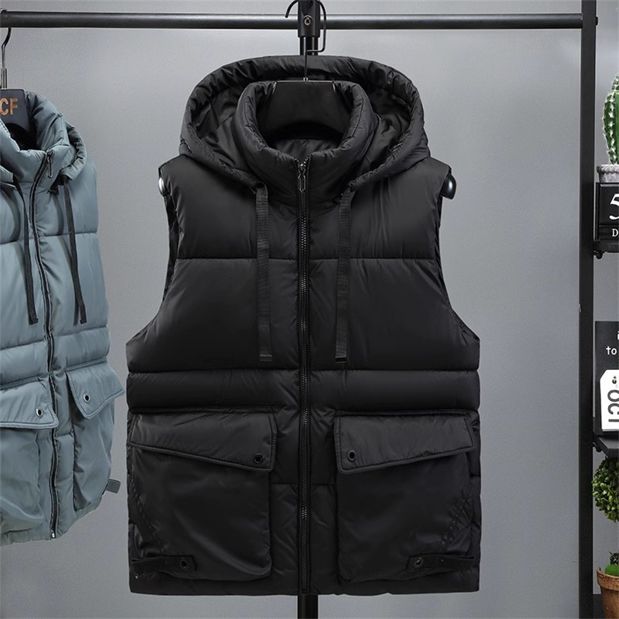 Green Men's Hooded Vest 2025 Winter Zipper Warm Stand Collar Waistcoat Men Cotton Padded Sleeveless Jackets With Big Pockets