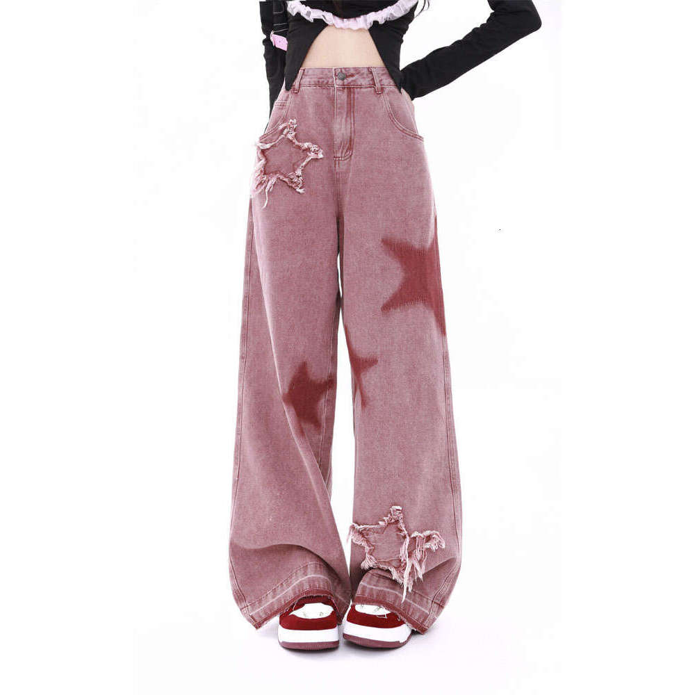 American Retro Five-point Star Raw Edge Splicing Loose Wide-leg Jeans Look Thin Trendy All-match Mopping Pants Women