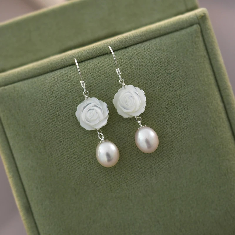 ASHIQI Natural Freshwater Pearl Shell Flower 925 Sterling Silver Earrings Fashion Jewelry for Women 241226