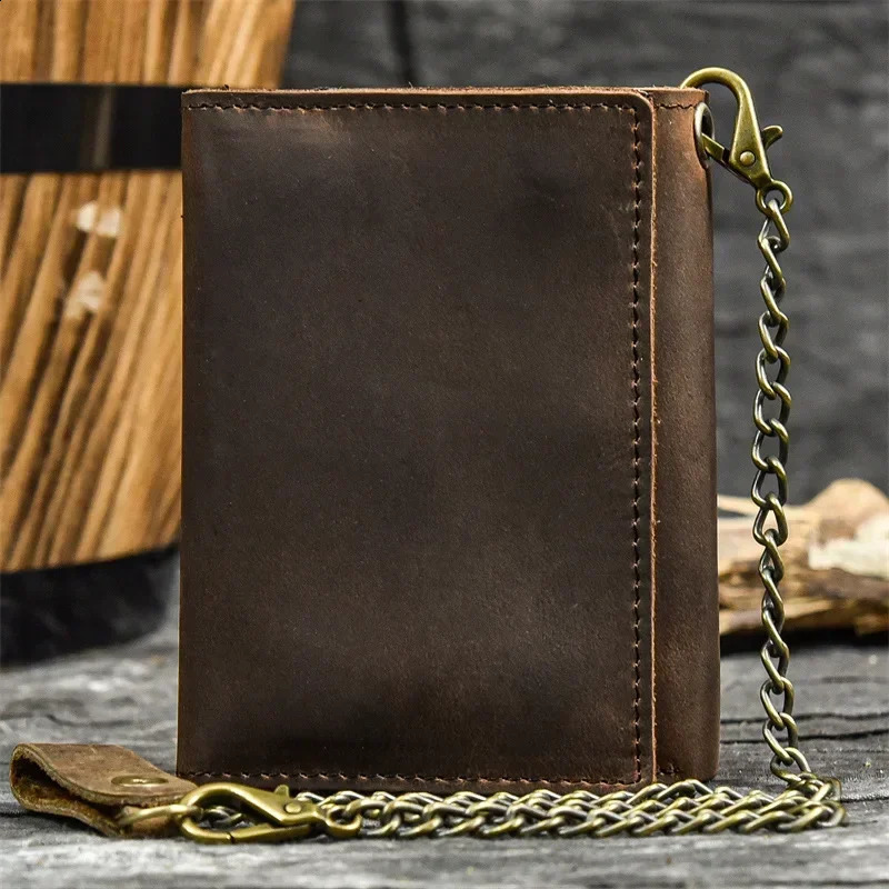 Men Genuine Leather Short Wallet with Chain Zipper Clutch Wallets Male Short Trifold Purse Card Holder Change Coin Purse 241224
