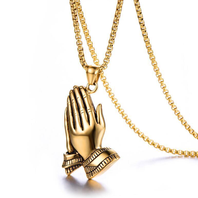 Launch Titanium Steel Stainless Prayer Hand Pendant Necklace Gold Silver Buddha Hand Men's Hanging Tag Wolf Tide 2024 New In Product Collar Jewel