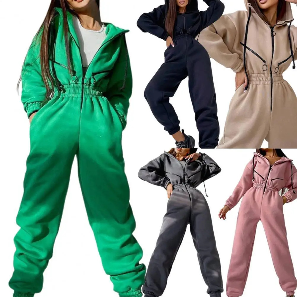 Warm Winter Women Hooded Playsuit Solid Color Thick Tight Waist Rompers Casual Women Hoodie Jumpsuit Overalls combinaison femme 241224