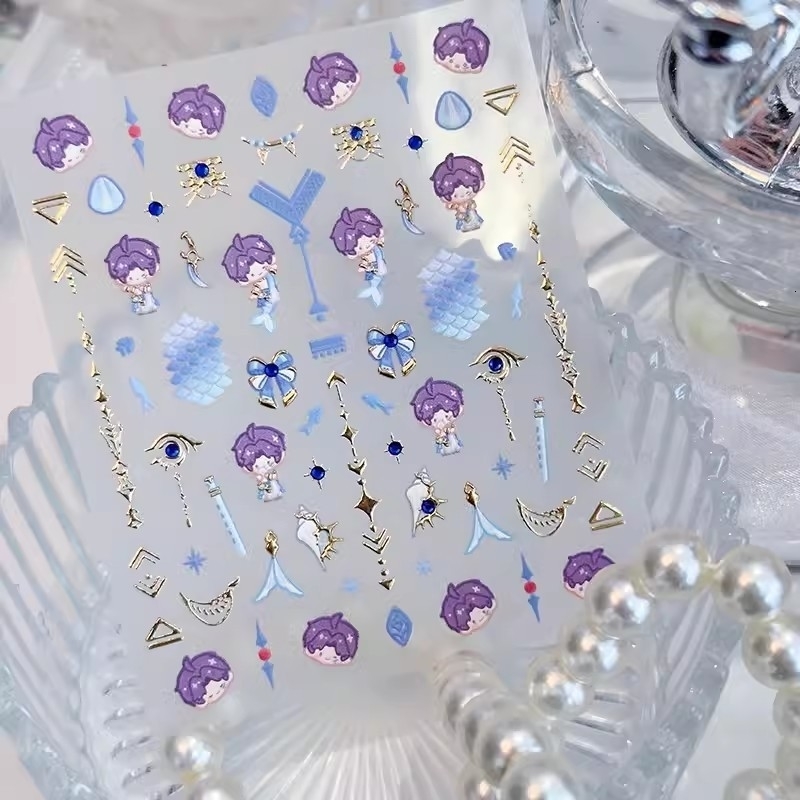 Love and Deepspace Qi Yu Mermaid Kawaii Chibi Nail Stickers Blue Color Self Adhesive Nail Art Accessories Bronzing Diamond Decor 241225