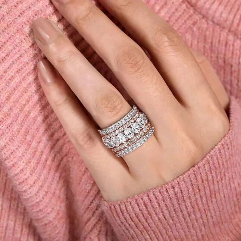 Huitan Two-Tone Wide Rings for Women Full Brilliant Cubic Zirconia Exquisite Superb Party Jewelry Trendy Chic Accessories