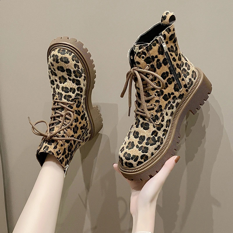 Shoes for Women Cross-tied Womens Boots Fashion Leopard Print Casual Boots Women Side Zipp Round Toe Ankle Boots 241226