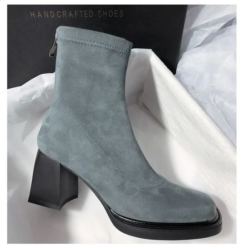 Square Toe Women Ankle Boots Elegant High Heels Ladies Back Zippers Suede Short Booties Winter Womens Mordern Footwear 241226