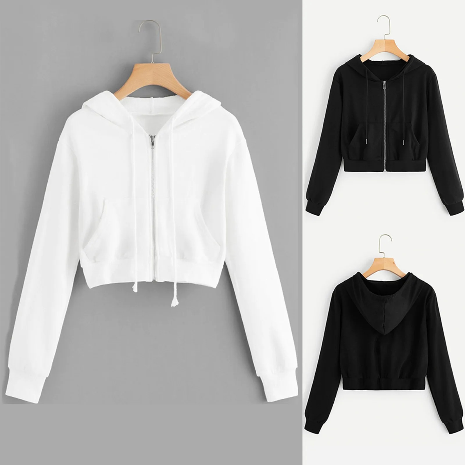Zip Up Hoodie Women Solid Color Crop Top Y2k Aesthetic Hooded Tops Loose Leisure Academy Cardigan Tracksuits Autumn Sweatshirts 241225