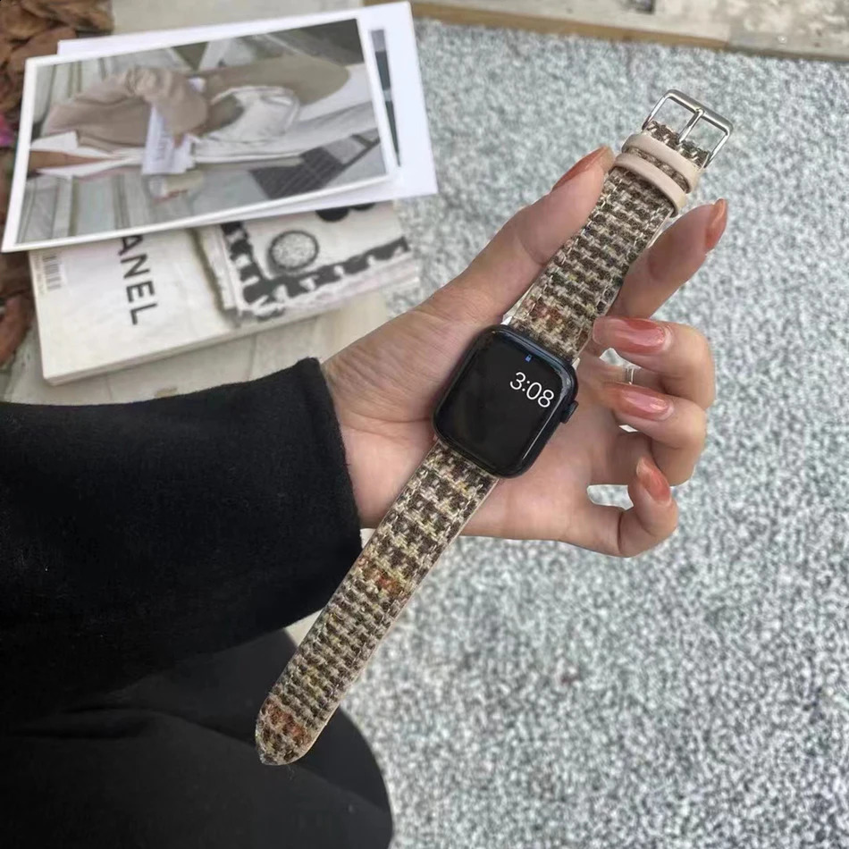 Retro Woolen Leather Strap For Watch Series 9 8 7 6 SE 5 38/40/41/42/44/45mm 49mm Lattice Watch Band 241220