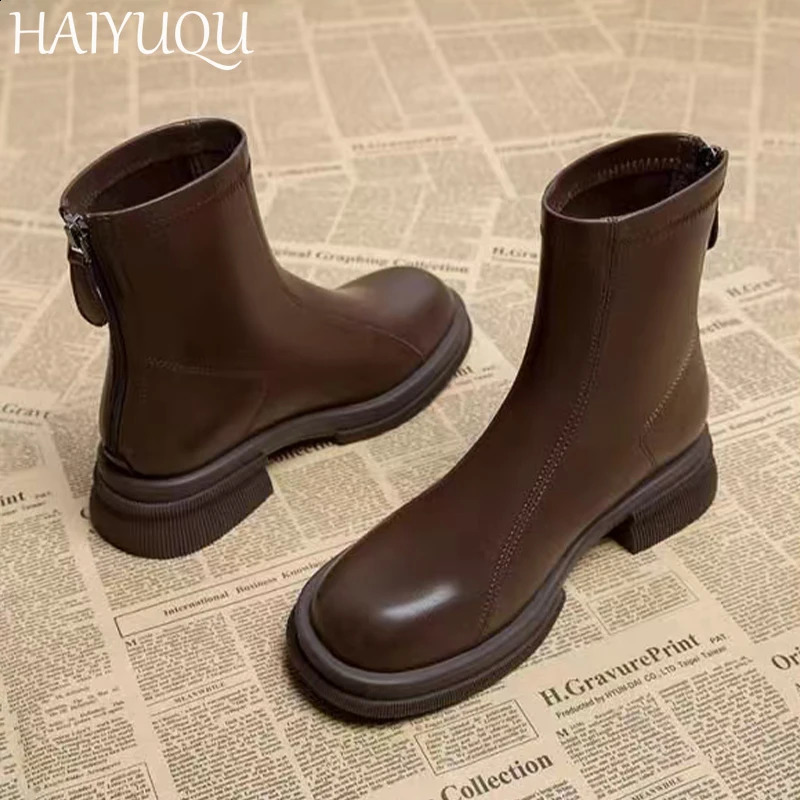 Ankle Boots for Women Chunky Fashion Shoes Platform Warm Leather Short Plush Boots Cozy Walking Goth Mujer Chelsea Botas 241226