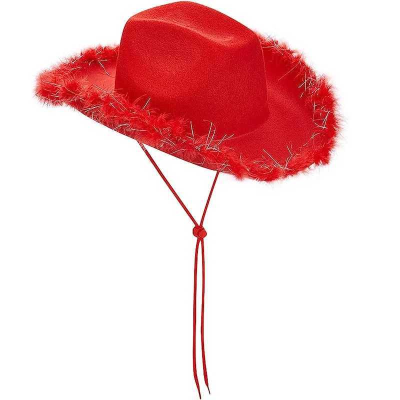 Fashionable Western Womens Cowboy Hat Fluffy Feather Brim Cowboy Girl Cs Halloween Carnival Singles Party Role Playing Cowboy Hat W241225