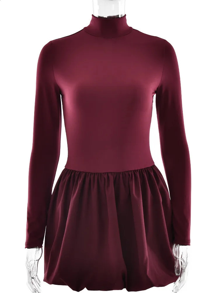 Mozision Turtleneck Long Sleeve Sexy Mini Dress For Women Robe Fashion Burgundy Patchwork High Waist A-line Club Pleated Dress 241224
