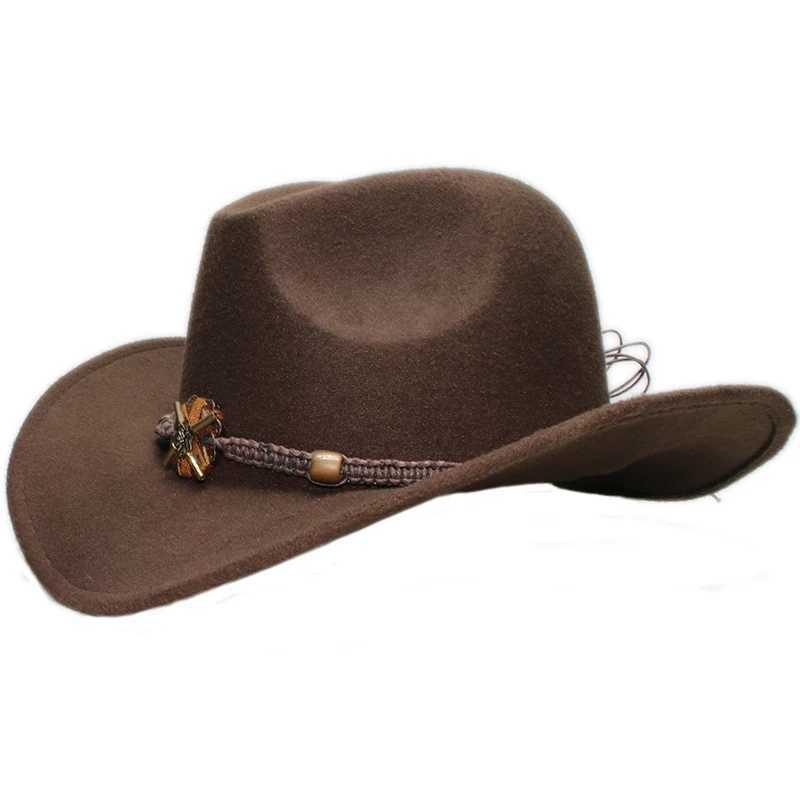 Retro Parents Childrens Womens Mens/Childrens Wool Wide Brown Cowboy Western Hat Cowboy Girl C Wood Knitted Bead Strap (61cm/57cm/54cm) W241225