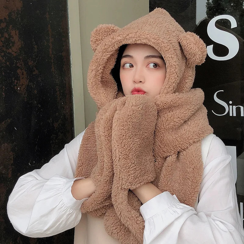 Lamb Velvet Hat Woman Winter Warm And Cold Hooded Scarf Gloves 3-in-1 Sets Female Cute Bear Ear Protection Cotton Cap With Ears 241225