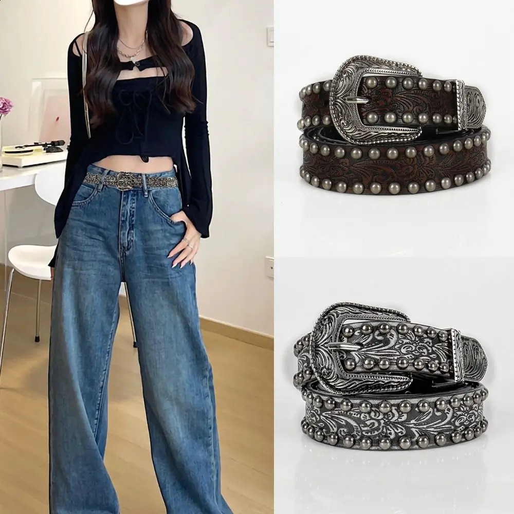 Punk Rock Chic Round Rivet Belt Harajuku Vintage Alloy Buckle Waistband Y2K PU Leather Belt 241226