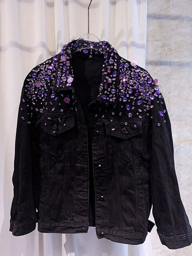 Studded Black Denim Jacket Woman Fashion Model Heavy Industry Rhinestone Beaded Sequins Street Diamond Jean Coat 241223