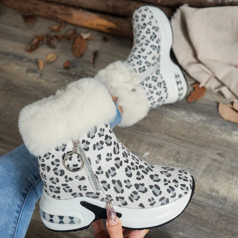 Winter Thick Cotton Boots Womens Fashion Round Head Leopard Print Side Zipper Anti-landslide Heel Boots 241226