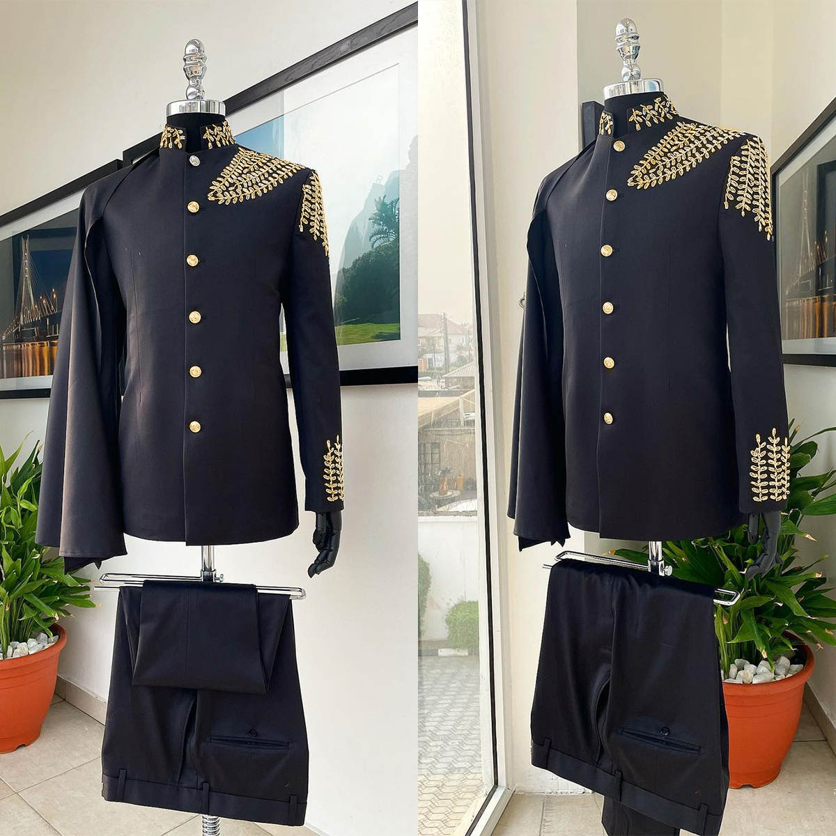 Modern Men's Fashion Jacket Pants 2 Pieces With Detachable Cape Beading Award Ceremony Formal Party Wedding Tuxedos Customized Coat Pants