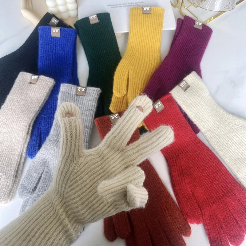 Touchscreen Wool Knitted Gloves For Girls Outdoor Womens Winter Gloves Winterproof Warm Solid Color Open Fingers Gloves 2025 241226