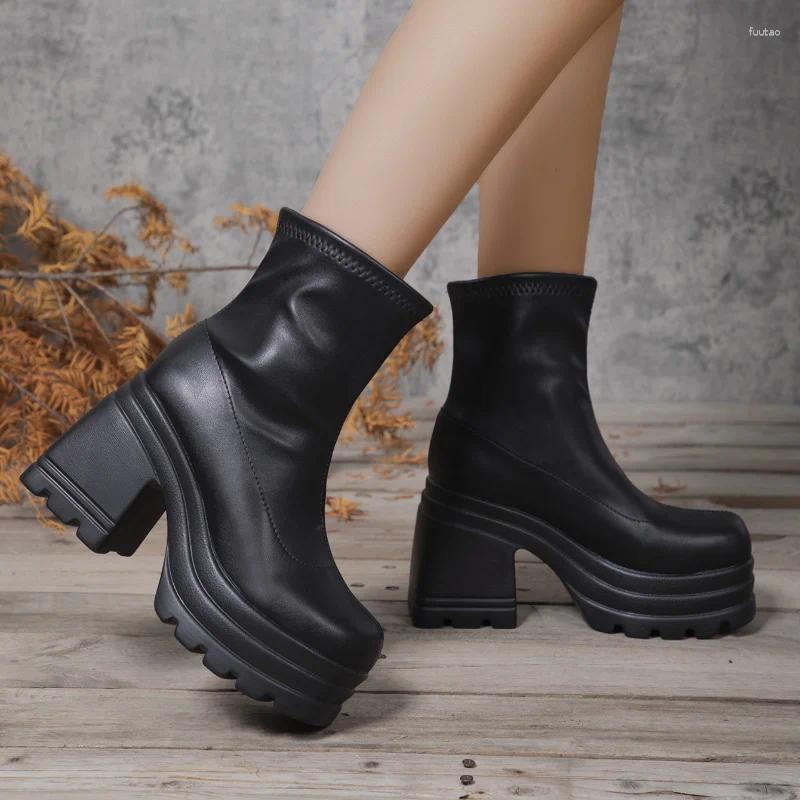 Boots Women Fashion Short Sexy Leather Boot Square Toe Casual Zipper High Heels Thick Soled Shoes Zapatos