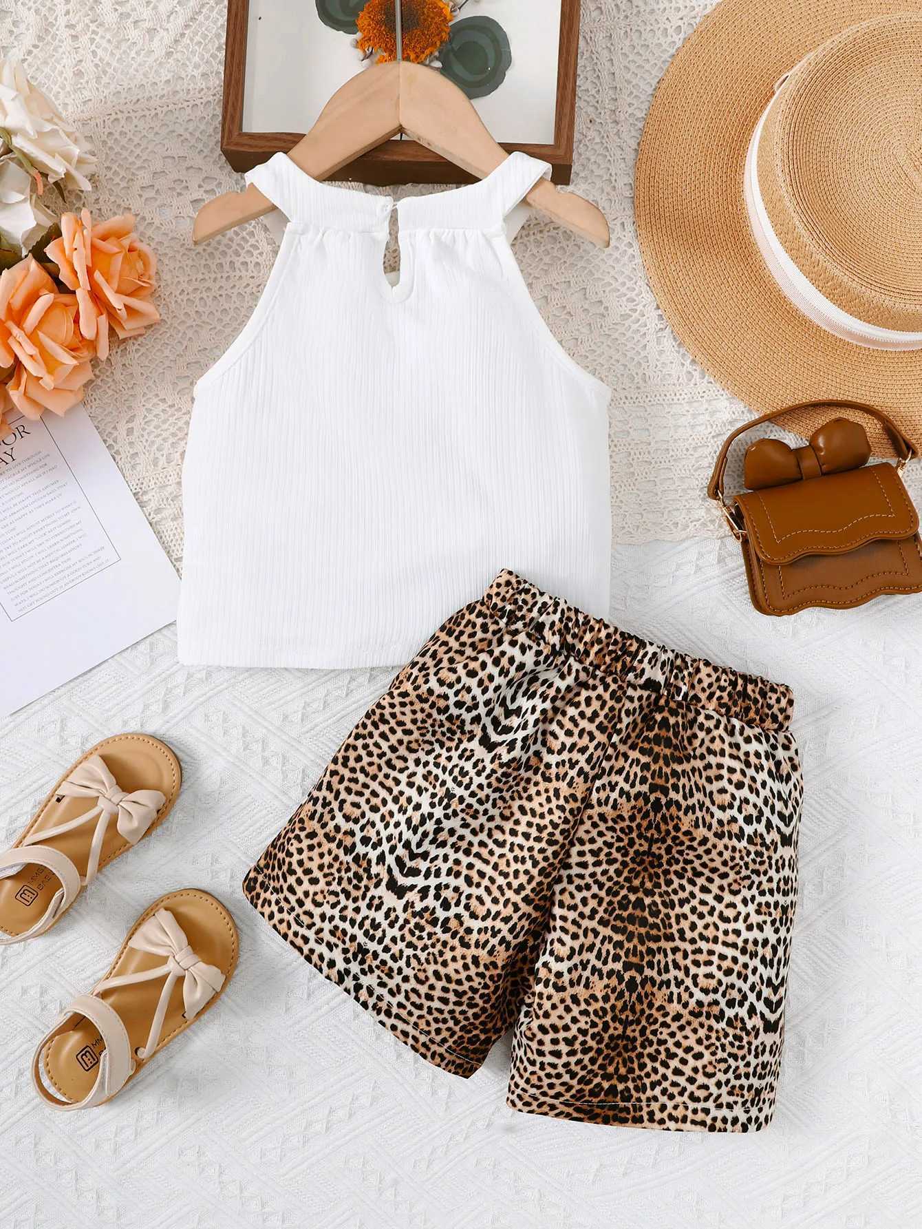 Clothing Sets 2PCS Summer Kid Girl Clothes Set Hanging Neck Sleeveless Heart Top+Leopard Shorts Fashion Sense of Outfit For Children 4-7 YearsY241225C