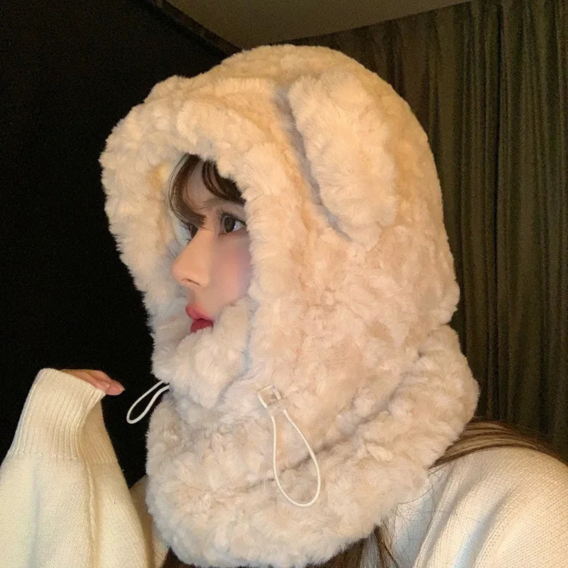 Women Winter Warm Hat Scarf Sets Plush Thickened All-in-one Kawaii Bear Ear Beanie Windproof Scarf Hooded Ear Protection Cap 241225