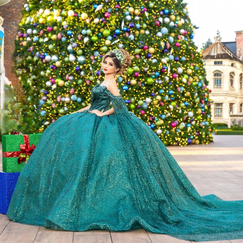 Green Emerald Ball Gown Quinceanera Dresses Appliques Beaded With Cape Tull Vestido De Anos Sweet Princess Birthday Dress D