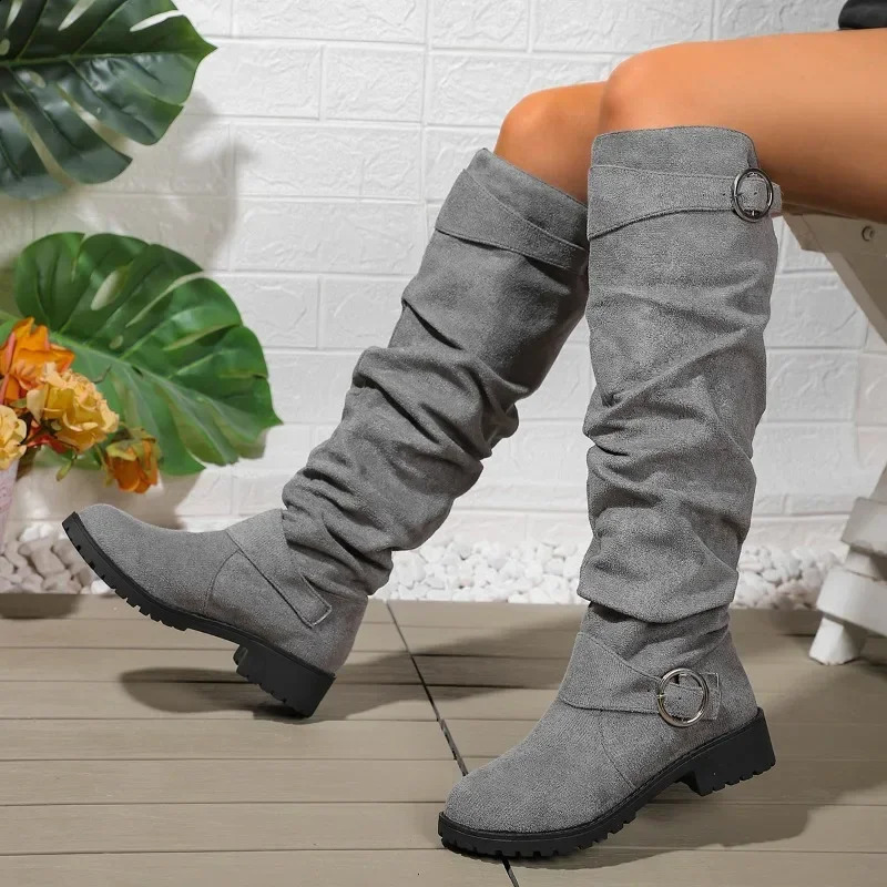 Ladies Shoes Slip-on Womens Boots Fashion Belt Buckle Modern Boots Women Plus Size Solid Knee-High Boots 241226