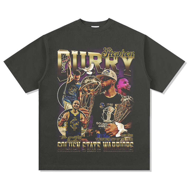 Curry Printed American High Street Long Short Sleeve Loose Washable Old Cotton T-shirt