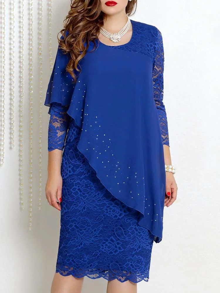 Womens Plus Size Year Knitted Dresses Mesh Lace Long Sleeve Stitching Evening false Two-piece Chiffon Dress 90s 241225