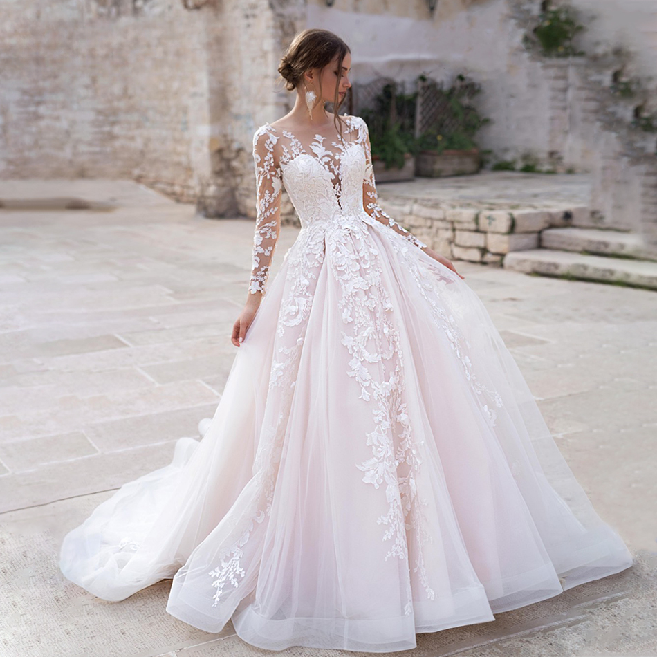 Sexy Illusion Lace Wedding Dresses Formal Long Sleeves Bridal Gowns Customized Vestidos De Marriage Garden Brides Dresses Plus Size