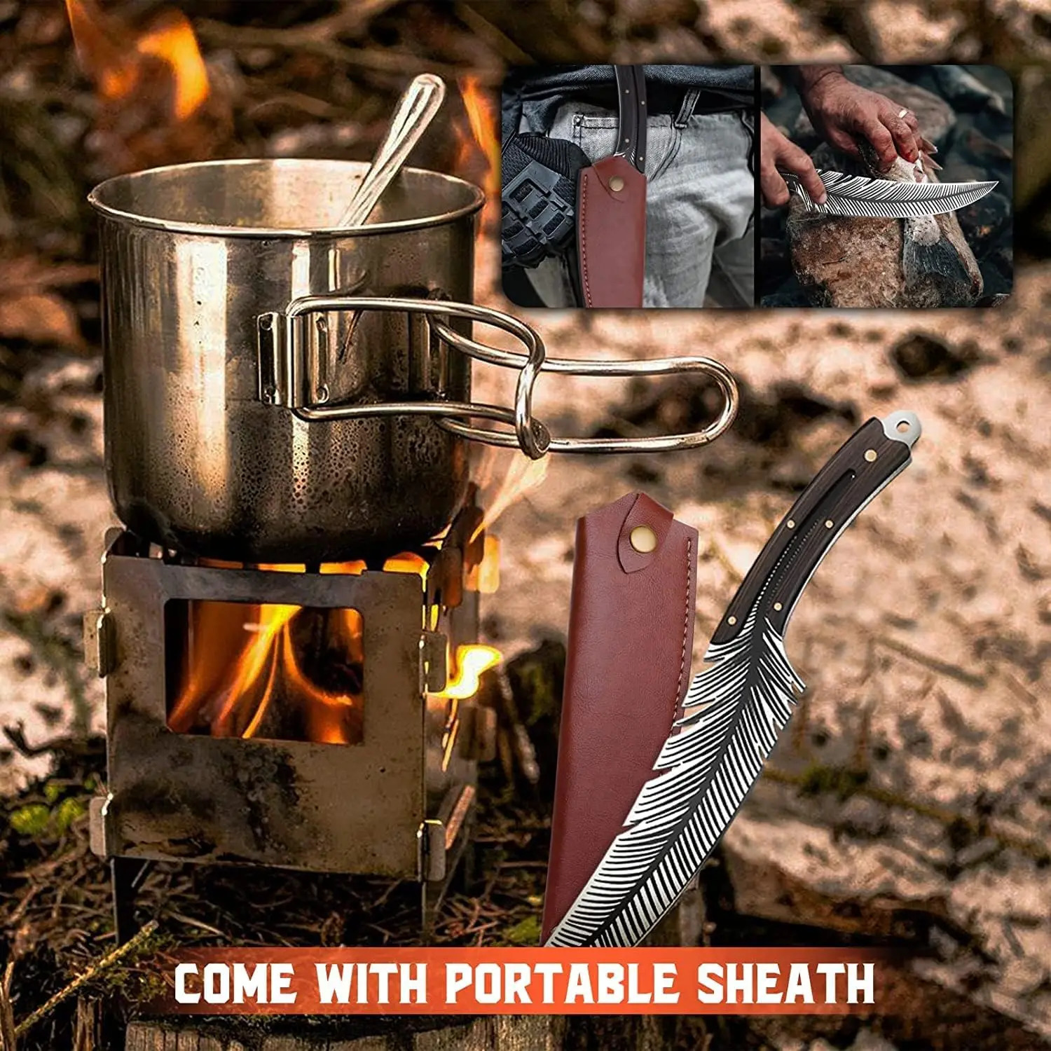 Feather knife hand forged Viking butcher knife for meat cutting Japanese chef knife with sheath for kitchen cooking 241225