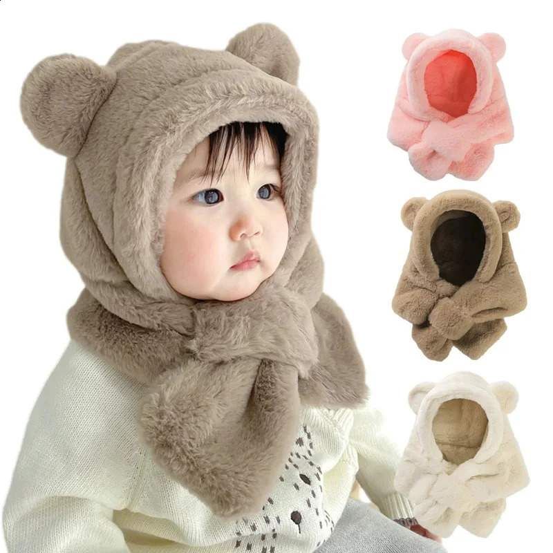 Winter Baby Hat Scarf OnePiece Faux Fur Kids Hats Cartoon Bear Warm Neck Ear Cap for Boys Girls Windproof Beanies Infant Stuffs 241225