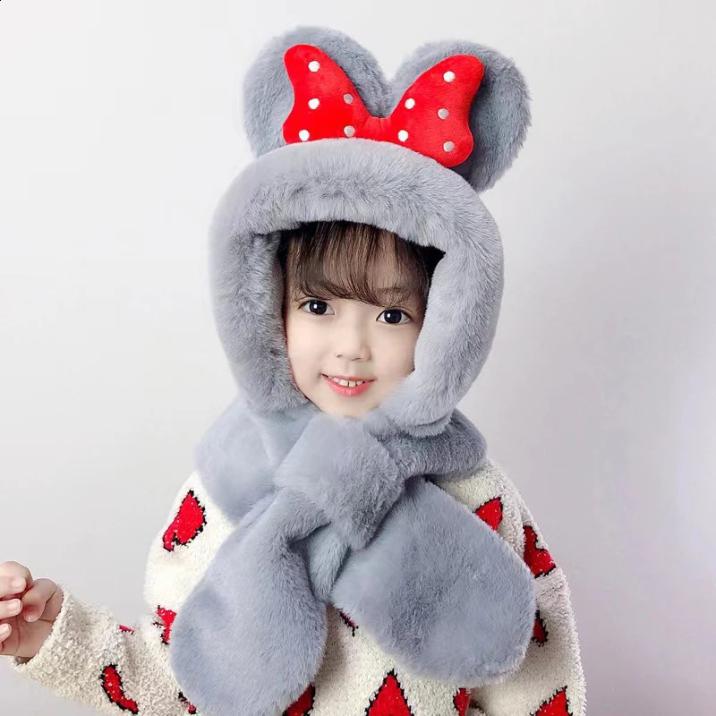 Cute Bow Winter Children Plush Scarf Hat 16year Baby Girl Ear Protection Cap Kids Cross Neckerchief Windproof Warm Fur Beanies 241225