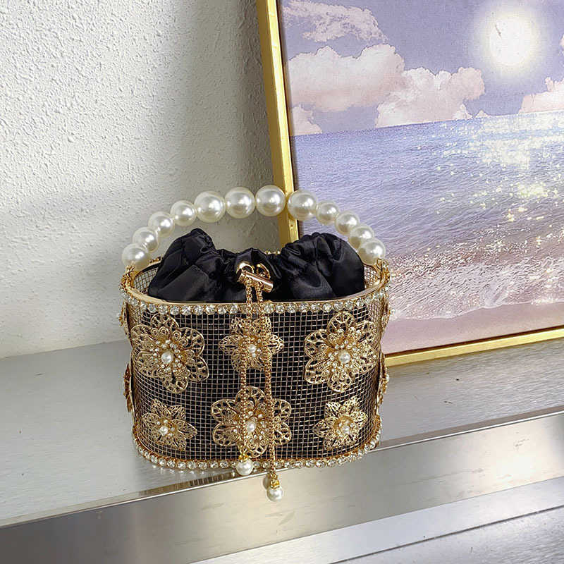 Evening Bags Heavy Industry Metal Sunflower Pearl Vegetable Basket Birdcage Bucket Bag Banquet Handheld Crossbody Tote 241226