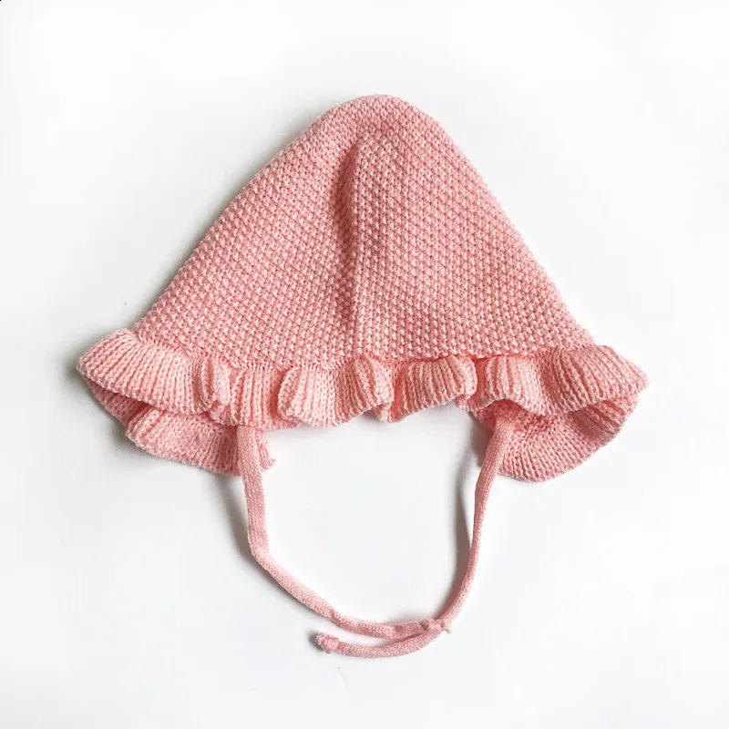 Spring Ear Protection Baby Hat Crochet Knitted Infant Girls Cap Beanie Toddler Lacing Caps Solid Color Ruffle Bonnet 02Years 241225