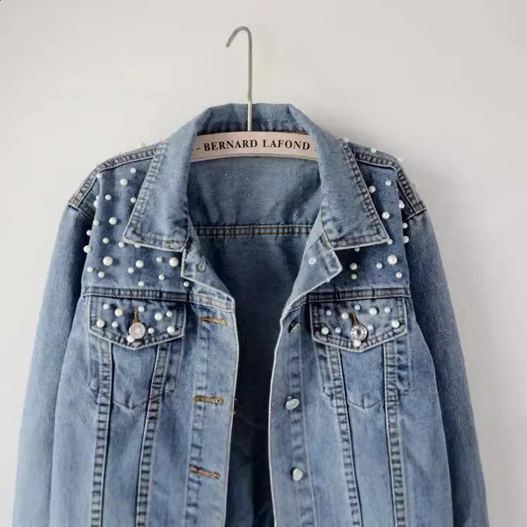 Womens European Style Denim Jacket Plus Size Loose Fit Beaded Embellishment Diamond Overcoat Student Cross-Border Jacket 241223