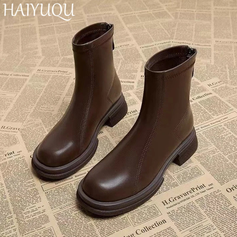 Ankle Boots for Women Chunky Fashion Shoes Platform Warm Leather Short Plush Boots Cozy Walking Goth Mujer Chelsea Botas 241226