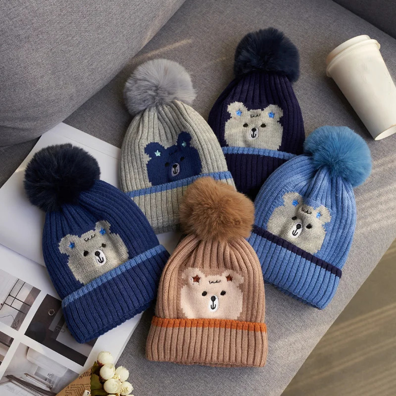 Winter Baby Boy Hat with Earflap Fur Ball Knitted Kids Beanie Caps Toddler Bonnet Hats Infant Accessories Fleece Lining 14Y 241225