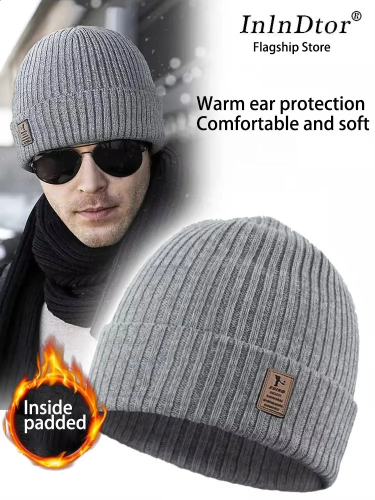 winter padded warm knitted cap wrapped head wool woolen mens double thickening set ski 241226