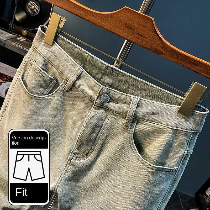 American denim shorts mens summer 2024 New Street fashion straight thin casual yellow mud dyed wash off retro cut pants W241226